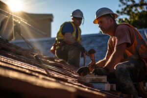 Homeowner examines roof material samples and a fire-rating label beside a residential roof deck.